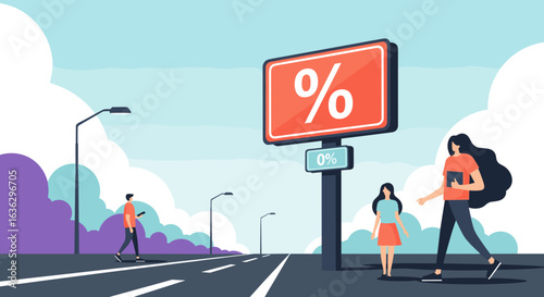 Street advertising billboard displaying percentage discounts and sale offers in an urban environment with pedestrians walking by the roadside