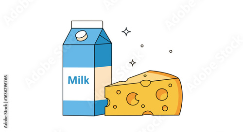Illustrative graphics of wholesome dairy products featuring fresh milk and aged cheese for nutritional awareness