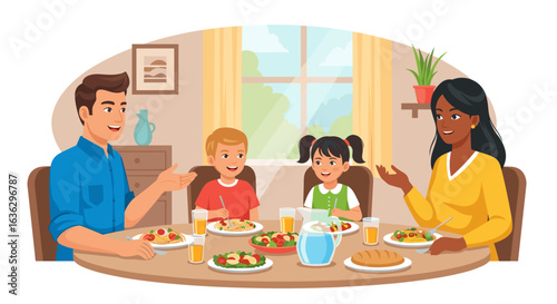 Happy Family Enjoying Mealtime Together Around Dining Table Illustration Filled With Food, Love, and Laughter