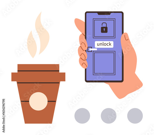 Smartphone with lock screen held by hand alongside steaming coffee cup. Ideal for technology, security, convenience, smart devices, mobile apps, lifestyle, productivity. Simple flat metaphor