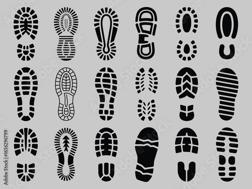 Shoe Sole Pattern Set – 20 Unique Tread Designs in Black Silhouette Style for Footwear Identification