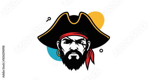 Emblematic depiction of a fierce pirate captain with red bandana and earring featuring abstract colorful circles behind his head symbolizing adventure and mystery