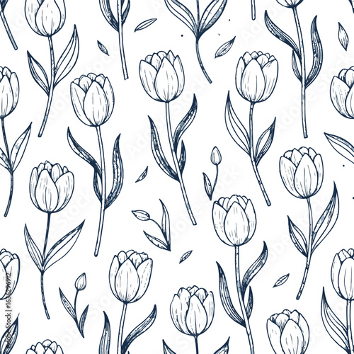 Seamless floral pattern with vintage rose and tulip illustrations on a spring wallpaper background