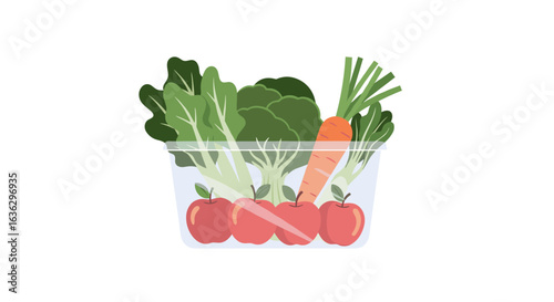 Healthy fresh produce assortment inside a clear container for a balanced diet