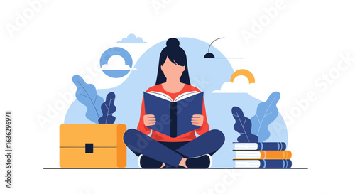 A woman reads a book while sitting cross-legged surrounded by plants and books