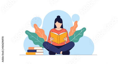 A young woman sits comfortably cross legged engrossed in reading an open book with a stack of books beside her surrounded by stylized foliage