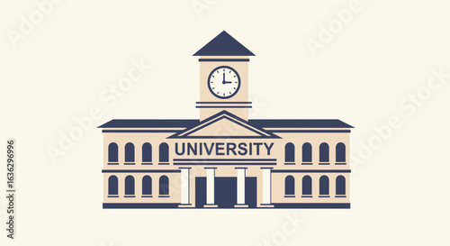 Vector illustration of a classic university building with clock tower signifying higher education and scholarly pursuits.