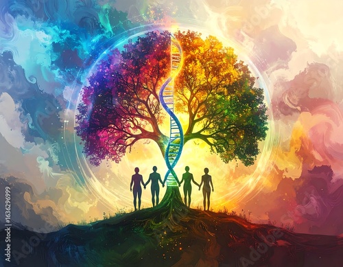 Colorful tree of life, DNA, humans