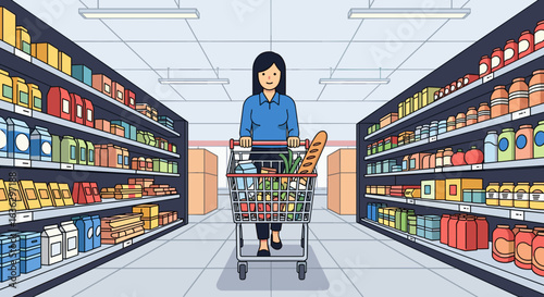 Woman pushes grocery cart down aisle in supermarket filled with colorful products.