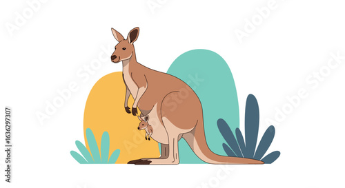 Adorable mother kangaroo carries her joey safely in her pouch amidst beautiful natural scenery