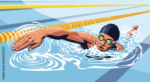 Powerful swimmer gliding through blue water in a vibrant illustration of athleticism and determination.