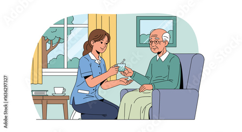 Caring Hands: Compassionate Nurse Offering Water to Elderly Man in Cozy Home Environment