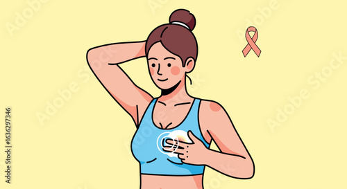 Breast Cancer Awareness: Woman Performing Self-Check with Ribbon on Yellow Background Illustration