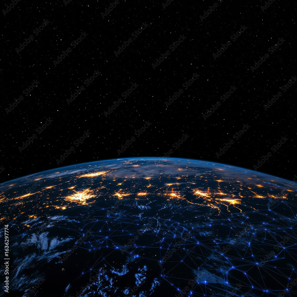 Obraz premium Stunning view of Earth from space, showcasing illuminated cities and blue data connections across globe, evoking sense of wonder and connectivity