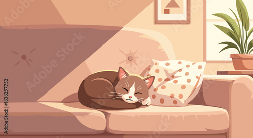 Cozy Afternoon Nap: Brown and White Cat Curled Up on a Beige Sofa in Sunlight