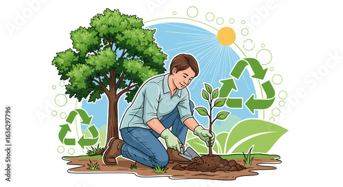 Young Woman Planting Tree Seedling for Environmental Conservation with Recycling Symbols and Sunlight