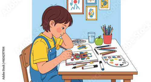 Young Boy Immersed in Creative Art, Drawing a Robot with Passion and Determination at His Bright Desk.