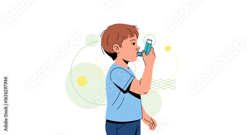 Young Boy Using Inhaler for Asthma Treatment, Healthcare Illustration Against White Background