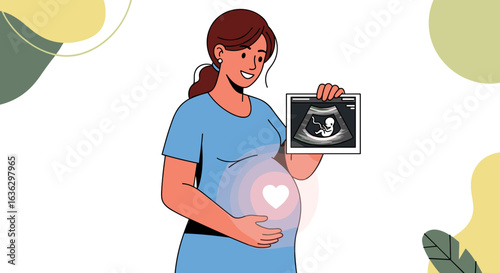 Radiant Expectation: A Pregnant Woman Celebrates New Life with Ultrasound Image in Gentle Illustration.