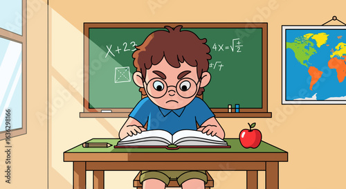 Cartoon student is frustrated, stuck with homework in a classroom, struggling with schoolwork near the chalkboard and world map.