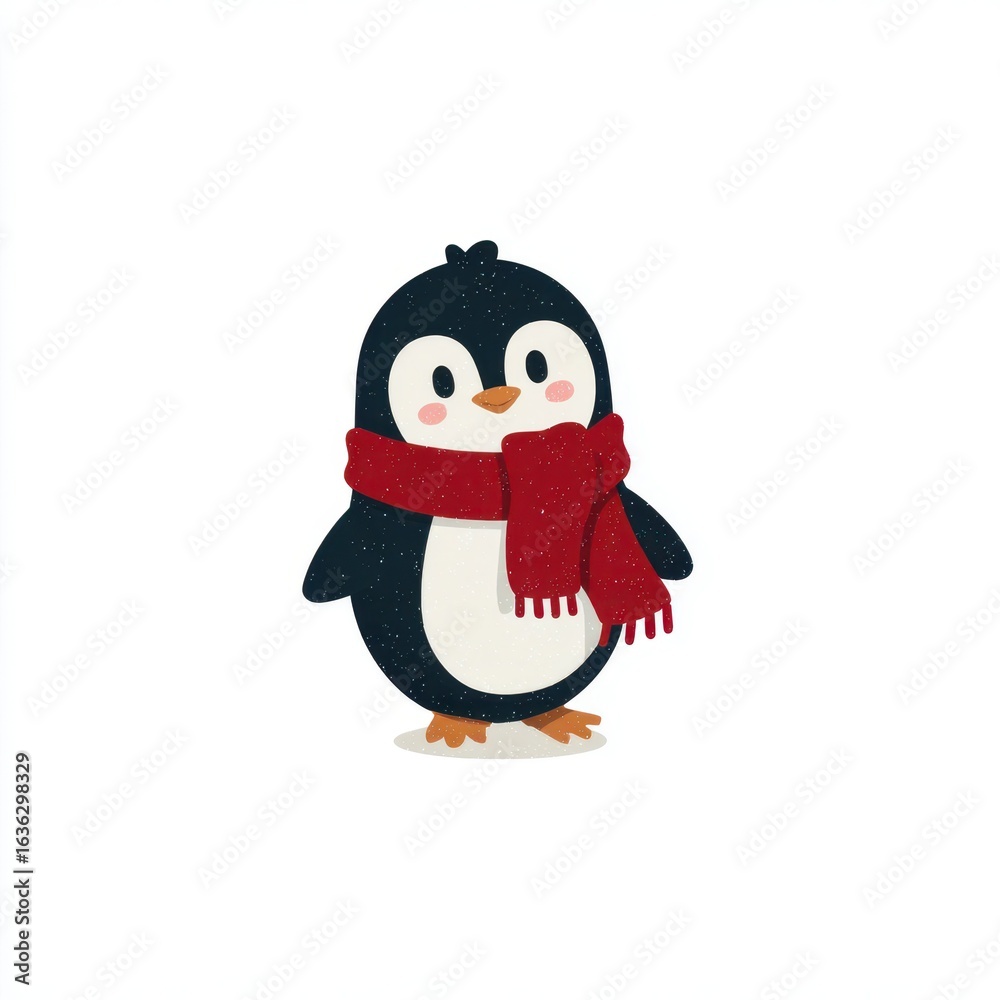 Fototapeta premium Cute penguin wearing a red scarf standing against a white background during wintertime