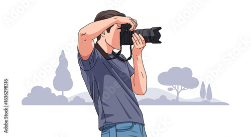 Talented male photographer capturing outdoor scenes with a professional camera in a peaceful setting illustration.