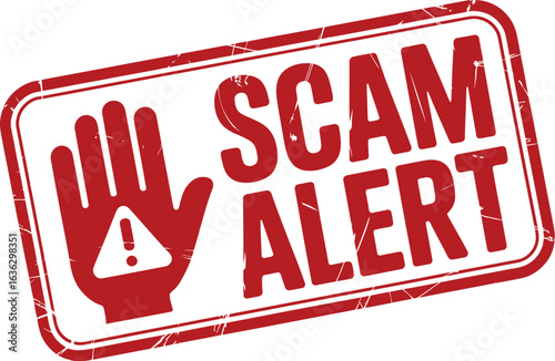Scam Alert Warning Sign – Red and White Distressed Graphic with Exclamation Symbol