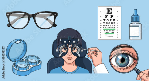 Illustration of eye examination elements, including glasses, eye chart, contact lens case, eye drops, optometrist trial frame and eye