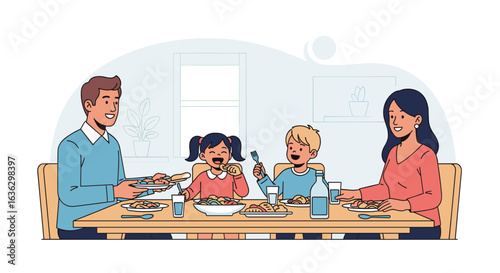 Happy Family Enjoying Meal Together at Dining Table in Bright, Modern Home Illustration.