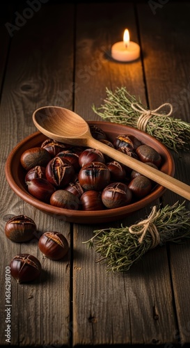 Wallpaper Mural Rustic autumn culinary scene with fresh chestnuts and herbs on wooden table Torontodigital.ca