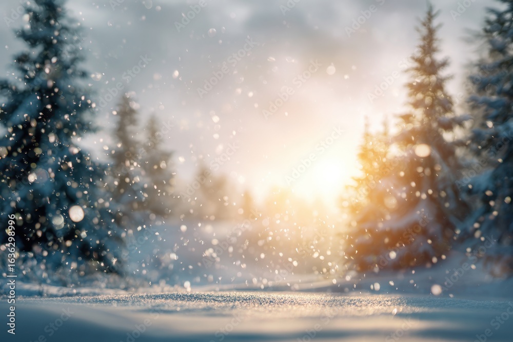 Naklejka premium Blurred winter forest with falling snow. Snowfall many dust freeze granules. Blur bokeh snowy backdrop with pine trees. Christmas poster, banner. Dreamy, foggy blue purple sky, orange sun rays light