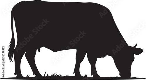 Black Silhouette of a Cow Grazing on Grass on a White Background cattle livestock
