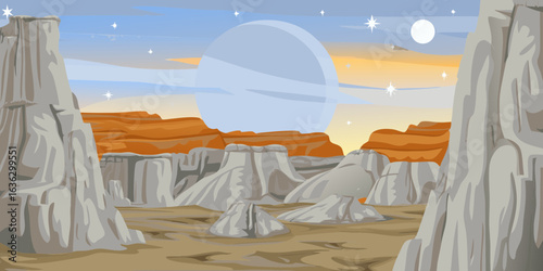 Alien planet landscape with vibrant red rocky terrain, stone formations, orange sunset sky with stars and moon, cliffs and stones in sci fi environment for space exploration game level design.