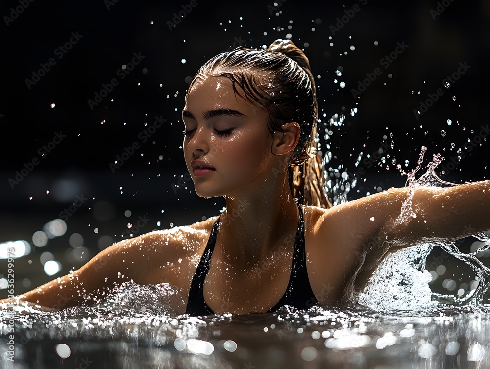 Obraz premium Serene and captivating image of a young woman swimming elegantly in a dark sparkling pool at night creating a dramatic cinematic atmosphere