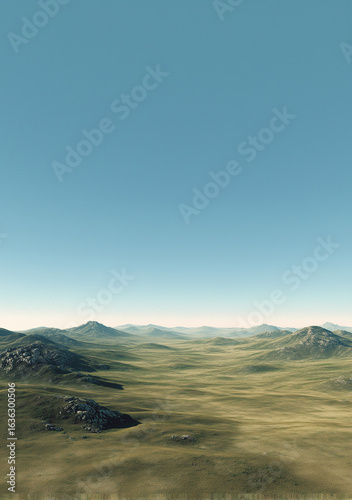 Dreamy Landscape of a Vast Steppe under a Blue Sky
