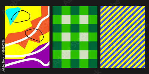 Three vibrant abstract vector banners with different patterns: the first with dynamic shapes and lines, the second with a checkered pattern, and the third with stripes. They are ideal for modern desig
