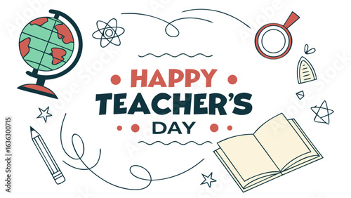 Happy Teachers Day Typography with Globe and Book Icons – Educational Celebration Design