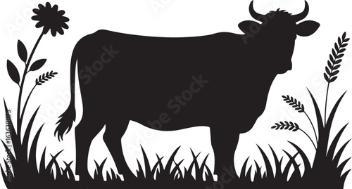 Black Silhouette of a Cow Standing in Grass with Flowers and Wheat cattle livestock