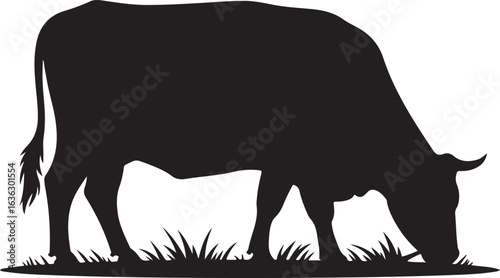 Black silhouette of a cow grazing in grass on a white background eating