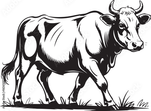 Black and white illustration of a Holstein cow walking in grass vector