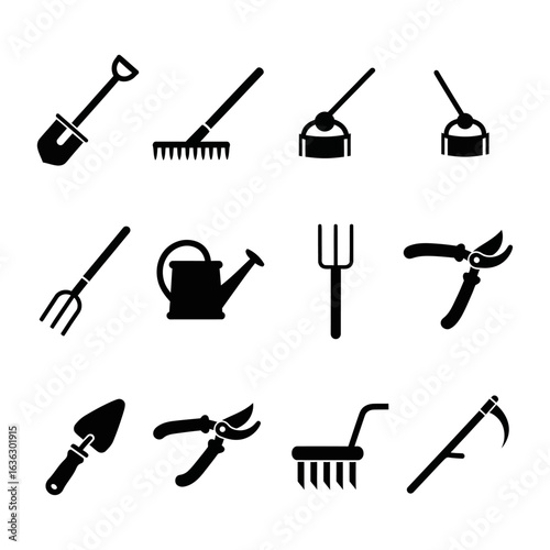 Set of gardening tools isolated on white background, including shovel, rake, hoe, and more