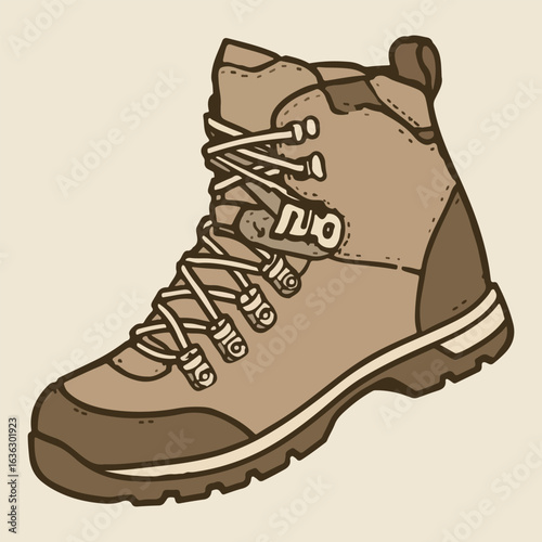 Vector illustration of a pair of brown leather hiking boots with laces and a sole