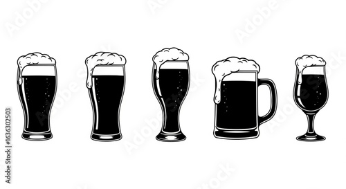 Set of beer glasses and a mug with foam icons. Vector isolated.