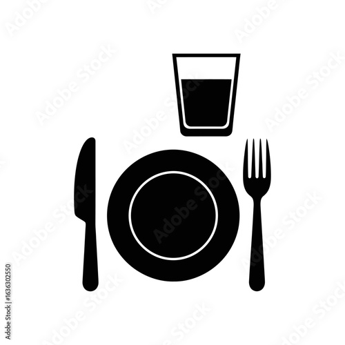 Table setting with plate, glass, knife and fork isolated on white background
