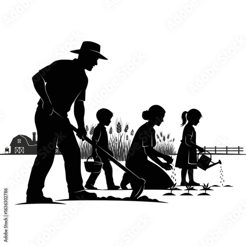 Family farming silhouette isolated on white background, depicting rural life and agriculture