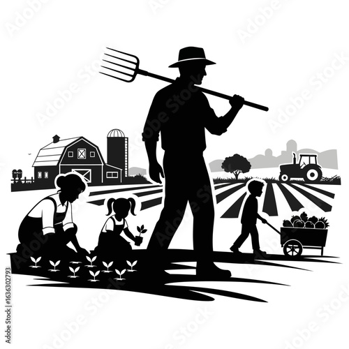 Silhouette of a family farming isolated on white background, representing rural life and agriculture