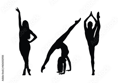 Silhouette of a female gymnast performing a backbend and split, isolated on white background sports silhouette