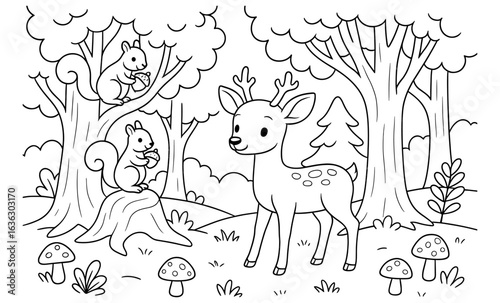 Whimsical forest scene with deer and squirrels in a playful coloring book style