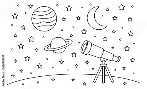 Telescope and celestial bodies in linear astronomy design with stars, planets, and moon