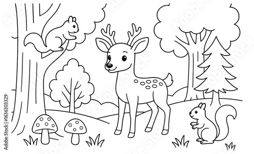 Cute woodland scene with deer and squirrels in outline for kids coloring